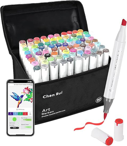 Fnooota 80-Colour Alcohol Markers Set – Dual-Tip Brush & Chisel Art Markers with Colour-Matching App and Carrying Case for Drawing, Illustration & Colouring