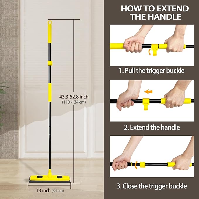 JEHONN Rubber Broom with Squeegee Pet Hair Remover 134CM Long Handle Carpet Rake for Floor and Window Cleaning