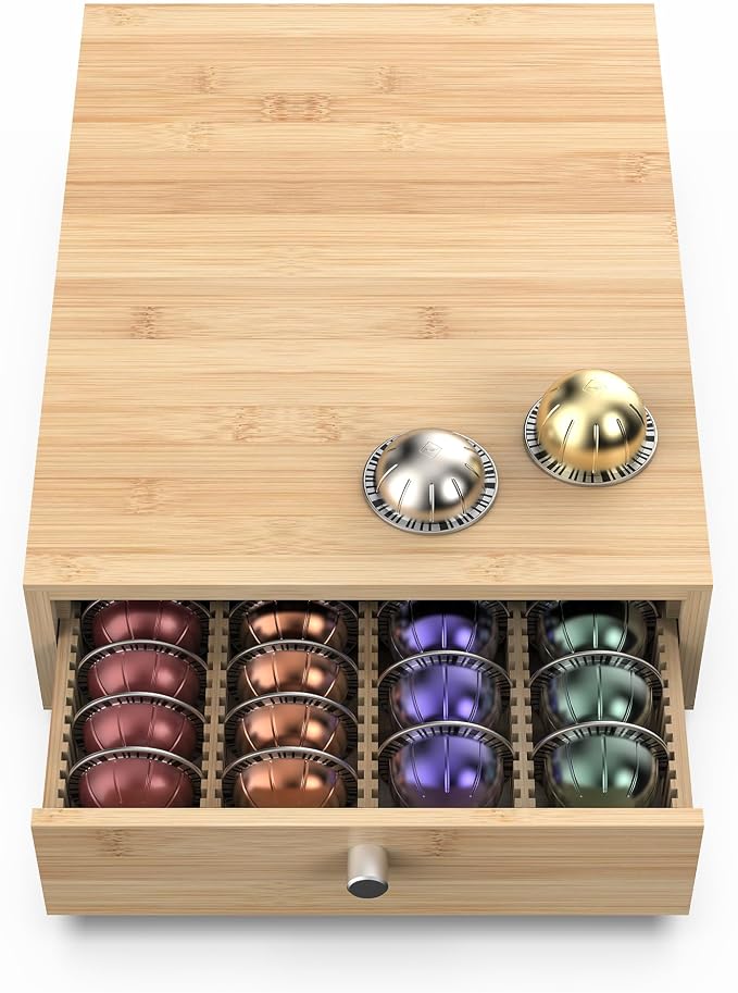 WELL WENG Bamboo Nespresso Vertuo Coffee Pod Holder Drawer – 36 Large or 48 Small Capsule Storage Organizer