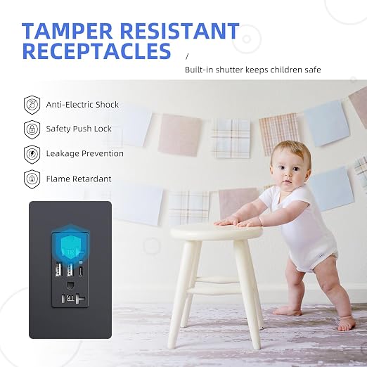 JUNLIT 20A USB-C Wall Outlet 2-Pack – 30W 6A Tamper-Resistant Duplex Receptacles with 3 USB Charging Ports & Screwless Wall Plates