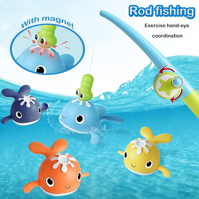 LOYUEGIYO Magnetic Fishing Bath Toy Set – 4 Wind-Up Swimming Whales, Fishing Rod & Frog Net for Toddlers 18 Months+