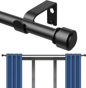 BloomFlower Adjustable Curtain Rod 18–128 Inches – Heavy Duty Black Metal Drapery Rod, 7/8 Inch Diameter with Modern Finials & Wall Mount Brackets for Large Windows