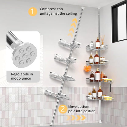ZUNTO Adjustable Tension Pole Shower Caddy – 5-Tier Rust-Resistant Metal Corner Organizer with 2 Soap Dishes, Floor-to-Ceiling Bathroom Storage