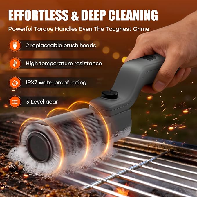 YEYES Cordless Electric Grill Brush – Rechargeable BBQ Grill Cleaner with Rotating Brush Head for Outdoor Grills