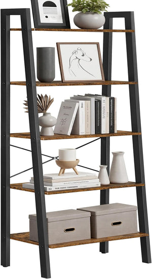 5 Tier Ladder Shelf Bookcase, Industrial Bookshelf, Open Storage Rack with Steel Frame for Living Room, Home Office, Kitchen and Bedroom Rustic Brown and Matte Black LLS45X