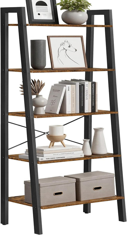 5 Tier Ladder Shelf Bookcase, Industrial Bookshelf, Open Storage Rack with Steel Frame for Living Room, Home Office, Kitchen and Bedroom Rustic Brown and Matte Black LLS45X