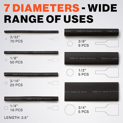 Dowire 180-Piece Black Heat Shrink Tubing Kit – 3:1 Adhesive-Lined Waterproof Marine Grade Wire Shrink Wrap