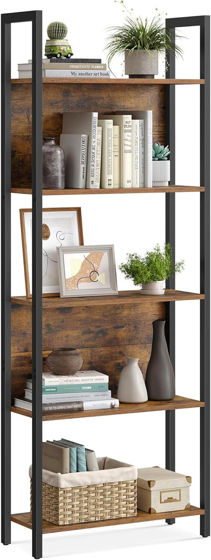 5 Tier Bookshelf, Industrial Bookcase with Steel Frame, Open Display Storage Shelf for Living Room, Home Office and Bedroom Rustic Brown and Ink Black LLS025B01