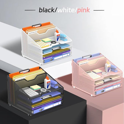 4-Tier Desk Organizer with File Holder – Metal Mesh Desktop Letter Tray with 3 Paper Trays & 2 Vertical File Sections