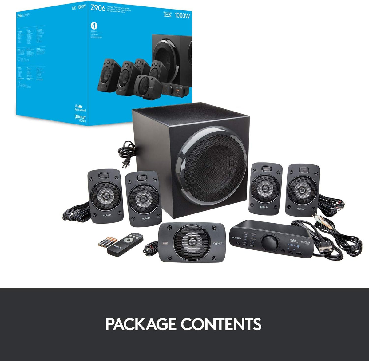 Logitech Z906 5.1 Surround Sound Speaker System – THX Certified, Dolby Digital & DTS, 1000W Peak Power, Subwoofer & Remote