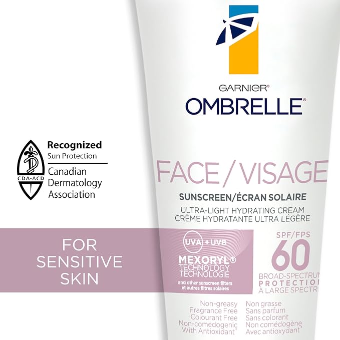 Garnier Ombrelle SPF 60 Face Sunscreen – 75ml Ultra-Light Hydrating Facial Sunscreen, Broad Spectrum UVA/UVB Protection, Fragrance-Free, Non-Greasy, Water Resistant