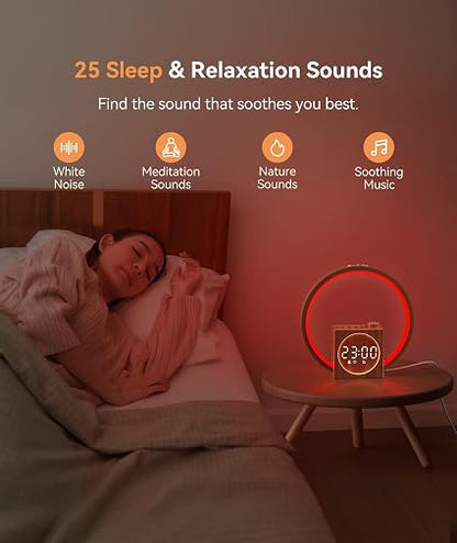 Dreamegg Sunrise Alarm Clock with White Noise Machine – 25 Sleep Sounds, 12-Colour Wake-Up Light, 20 Brightness Levels & Sleep Timer, Wood Grain