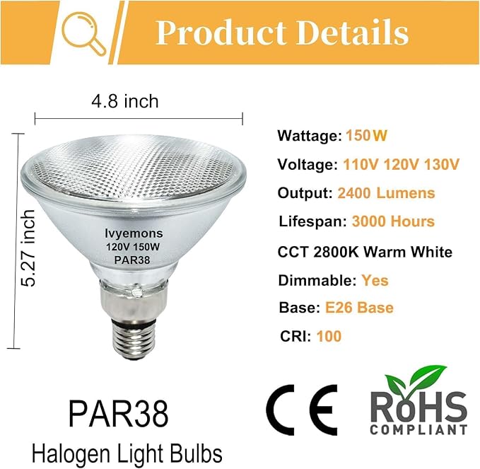 Ivyemons PAR38 Halogen Flood Light Bulbs 4-Pack – 150W, 2400 Lumens, 2800K Warm White, Dimmable E26 Base