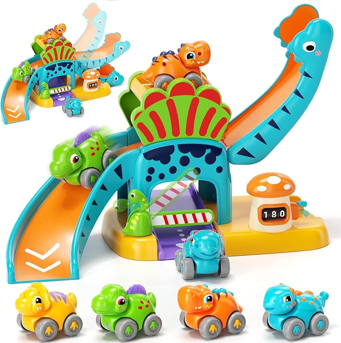 Lehoo Castle Dinosaur Car Ramp Racer Toy – 4 Mini Push Cars, Parking Garage & Slide Track for Toddlers Ages 1–2