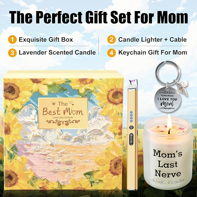 LcFun Mom Gift Set – Lavender Scented Soy Candle, USB-C Electric Candle Lighter & Mom Keychain in Gift Box