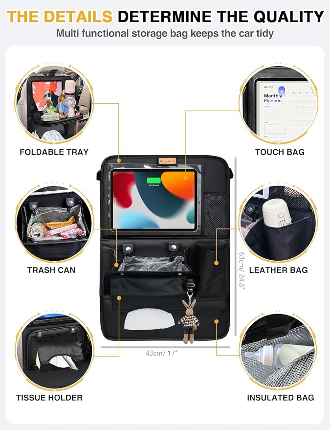 Drsvabze Leather Car Backseat Organizer  – Foldable Tray, Tablet Holder, Insulated Storage & Seat Protector, Black