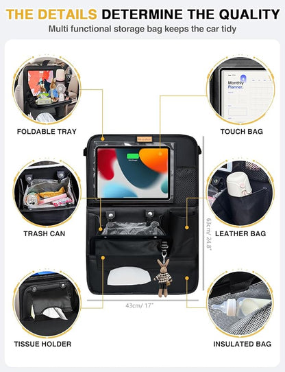 Drsvabze Leather Car Backseat Organizer  – Foldable Tray, Tablet Holder, Insulated Storage & Seat Protector, Black