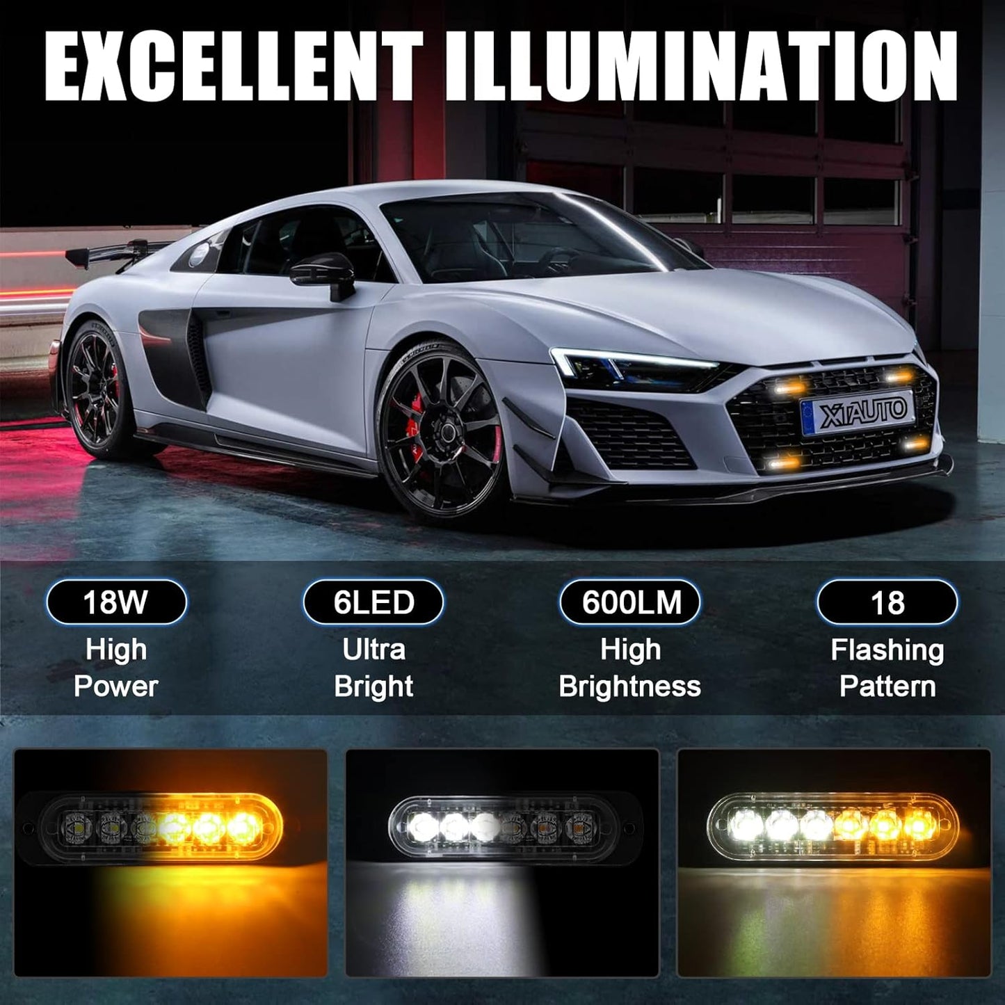10PCS 6 LED Emergency Strobe Warning Lights Amber White 18 Flash Modes 12V 10PCSL