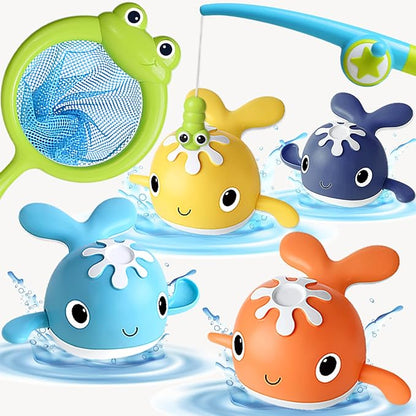 LOYUEGIYO Magnetic Fishing Bath Toy Set – 4 Wind-Up Swimming Whales, Fishing Rod & Frog Net for Toddlers 18 Months+