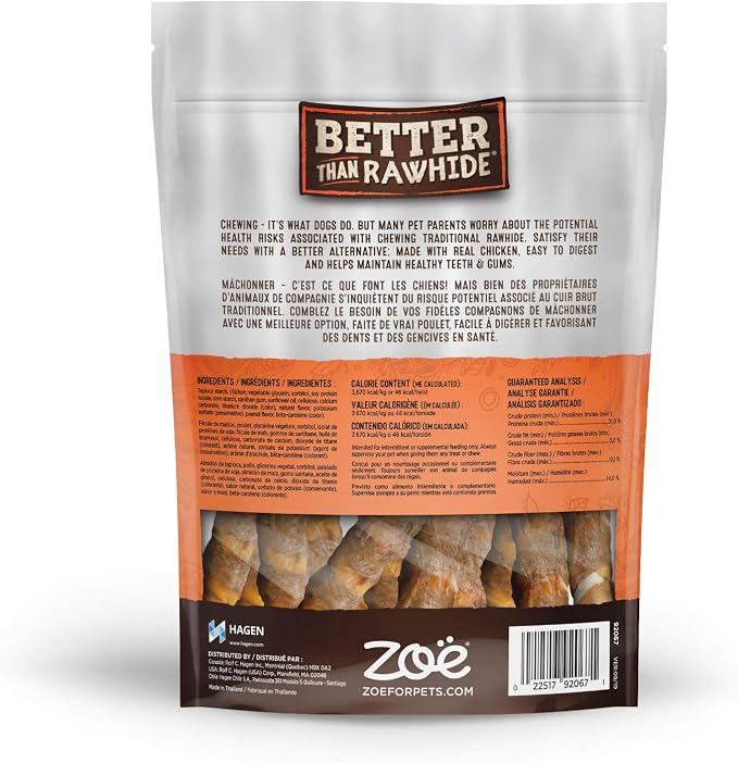 Zoë Better Than Rawhide Dog Chew Twists – Assorted Flavour, Rawhide-Free Treats with Real Chicken, 12 Pack, 148g