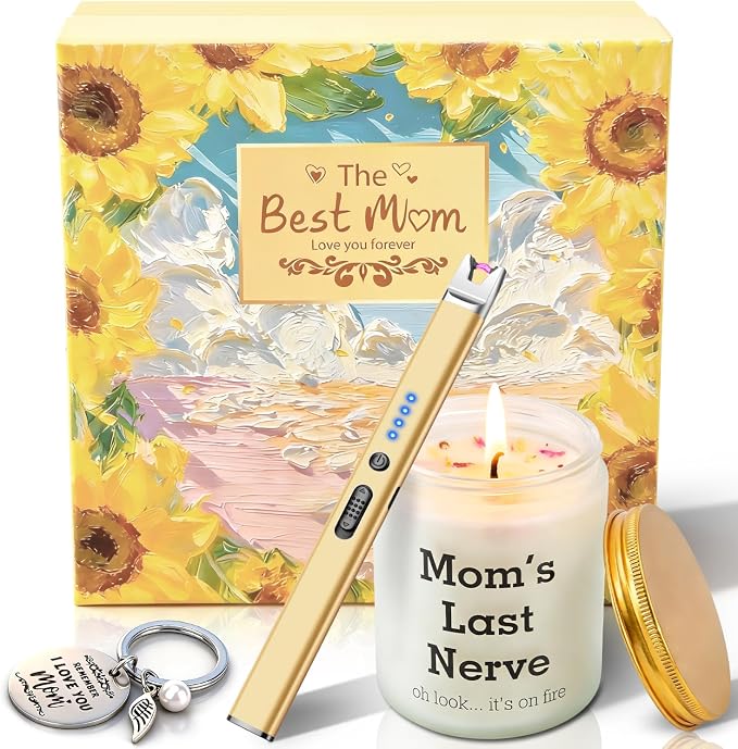 LcFun Mom Gift Set – Lavender Scented Soy Candle, USB-C Electric Candle Lighter & Mom Keychain in Gift Box