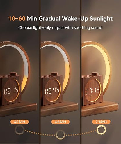 Dreamegg Sunrise Alarm Clock with White Noise Machine – 25 Sleep Sounds, 12-Colour Wake-Up Light, 20 Brightness Levels & Sleep Timer, Wood Grain