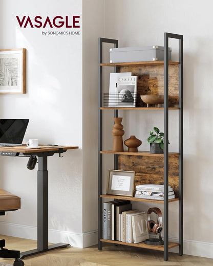 5 Tier Bookshelf, Industrial Bookcase with Steel Frame, Open Display Storage Shelf for Living Room, Home Office and Bedroom Rustic Brown and Ink Black LLS025B01