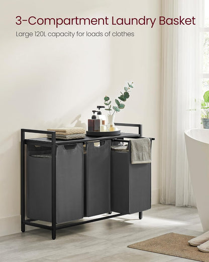 3 Section Laundry Hamper with Pull-Out Removable Bags and Storage Shelf, Laundry Sorter for Bathroom, Laundry Room and Bedroom 36.4" x 13" x 28.4" Slate Gray and Charcoal Gray BLH301G01