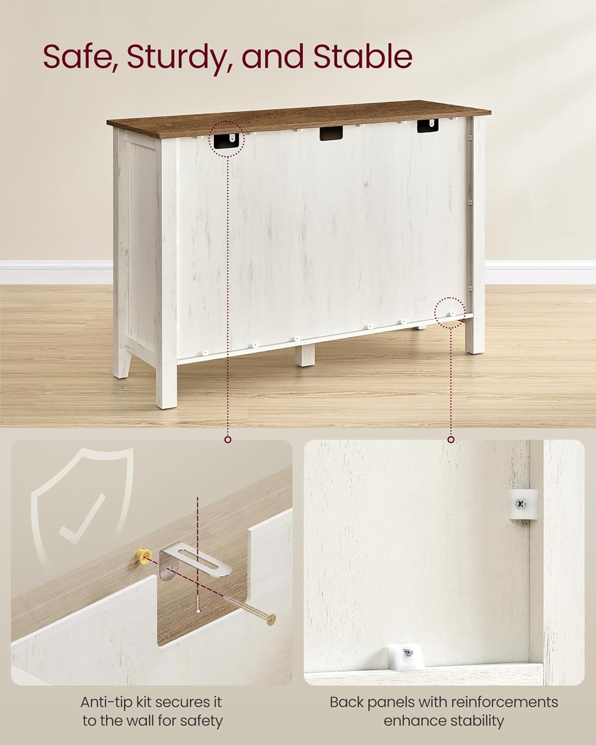 Farmhouse Buffet Cabinet with 3 Drawers & Adjustable Shelves – Coffee Bar Sideboard with Cable Management Rustic White & Honey Brown BBK371W01V1