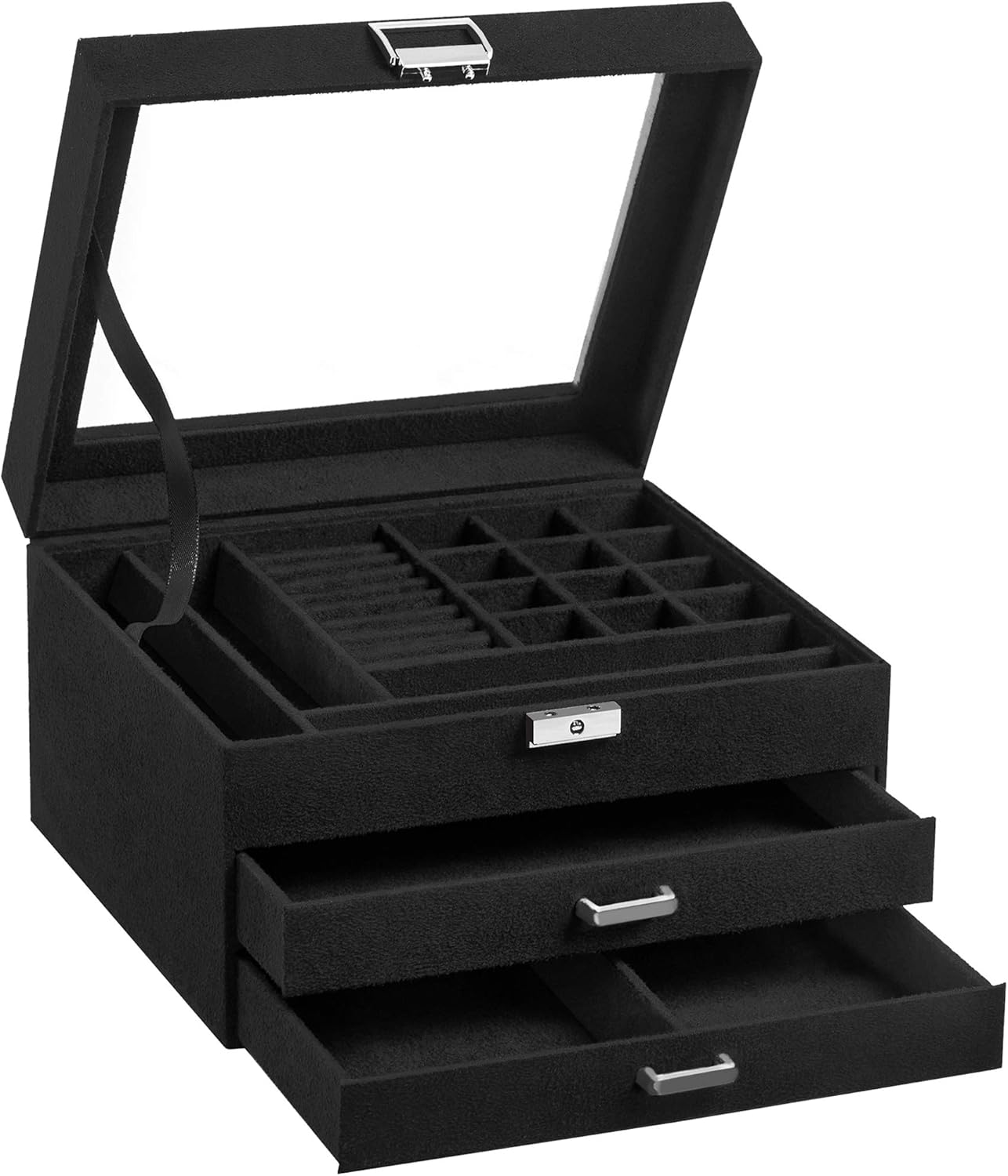 3 Tier Velvet Jewellery Box with Glass Lid, Lockable Jewellery Organizer Case for Rings, Necklaces, Bracelets, Watches and Accessories JBC158