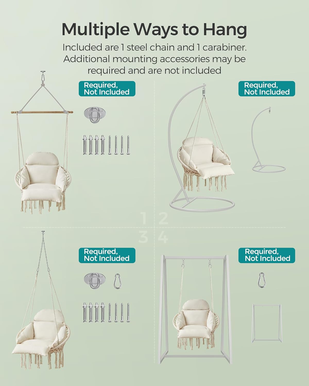 NEW Boho Hanging Hammock Chair with Thick Cushion, Indoor Outdoor Swing Chair for Bedroom, Balcony, Patio and Garden, Holds 264 lb Cream White GDC042M01V3