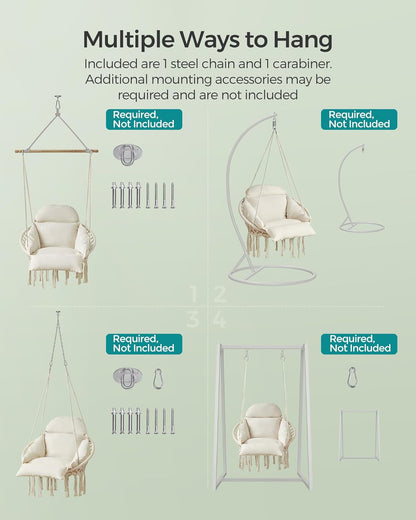 NEW Boho Hanging Hammock Chair with Thick Cushion, Indoor Outdoor Swing Chair for Bedroom, Balcony, Patio and Garden, Holds 264 lb Cream White GDC042M01V3