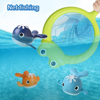 LOYUEGIYO Magnetic Fishing Bath Toy Set – 4 Wind-Up Swimming Whales, Fishing Rod & Frog Net for Toddlers 18 Months+