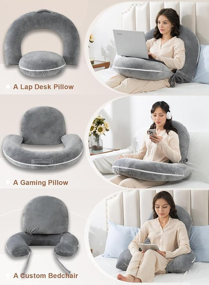 Meiz Reading Pillow for Bed – Back Support Sitting Pillow with Lap Desk Cushion & Removable Cover