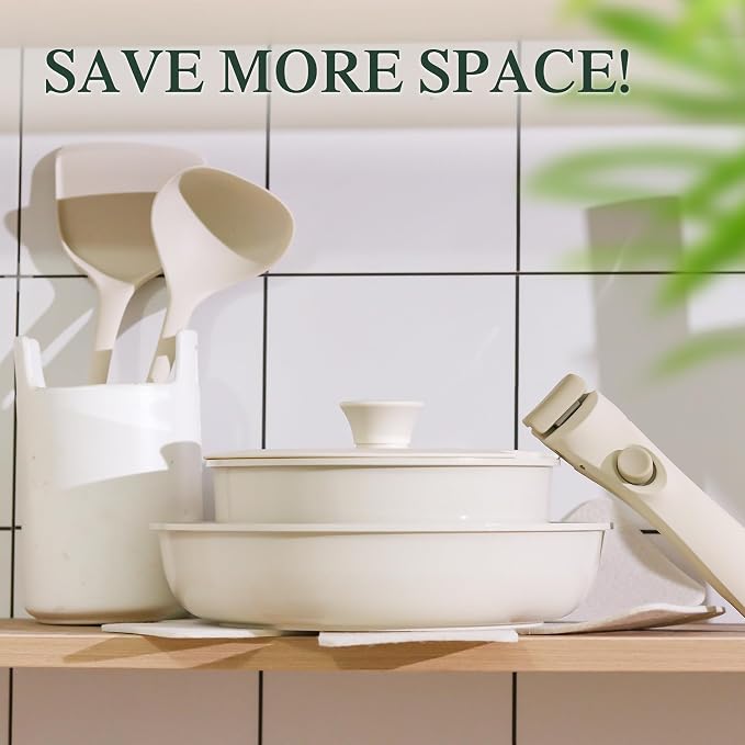 LEADKooKers 8-Piece Non-Stick Cookware Set with Detachable Handle – White, Induction Compatible Pots & Pans Set