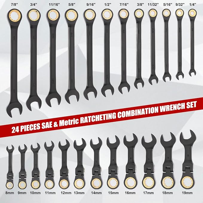 EMENTOL 24-Piece Flex Head Ratcheting Wrench Set – Metric & SAE Combination Ratchet Wrenches, 72-Tooth CR-V Steel with Storage Case