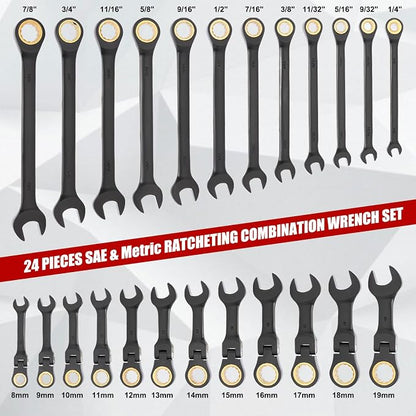 EMENTOL 24-Piece Flex Head Ratcheting Wrench Set – Metric & SAE Combination Ratchet Wrenches, 72-Tooth CR-V Steel with Storage Case