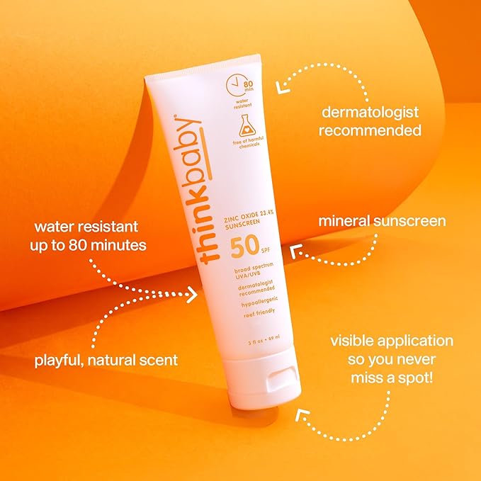 Thinkbaby Safe Mineral Sunscreen SPF 50+ – Broad Spectrum UVA/UVB Protection, Water Resistant, Reef Friendly Sunscreen for Babies, Kids & Sensitive Skin, 3 oz