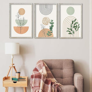 3-Piece Framed Boho Wall Art Set – 24" x 16" Wood Frame Abstract Botanical Geometric Prints, White & Neutral