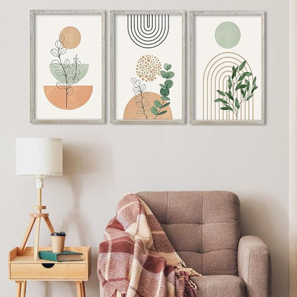 3-Piece Framed Boho Wall Art Set – 24" x 16" Wood Frame Abstract Botanical Geometric Prints, White & Neutral