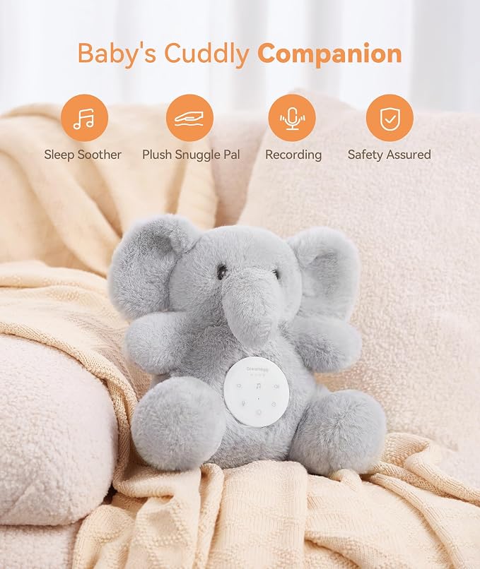 Dreamegg Baby White Noise Machine – Plush Elephant Sleep Soother with 21 Calming Sounds, Voice Recording, USB-C Rechargeable Battery & Washable Cover