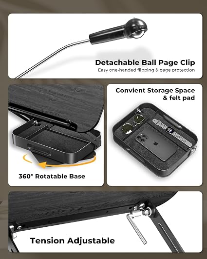 SupeDesk 360° Rotating Adjustable Book Stand with Storage Drawer – Wood & Aluminum Book Holder with Page Clips