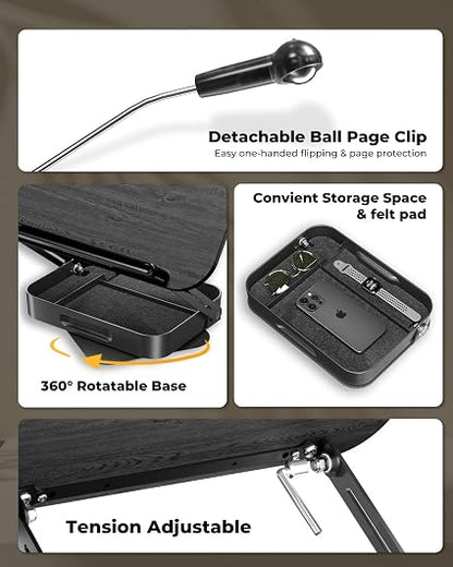 SupeDesk 360° Rotating Adjustable Book Stand with Storage Drawer – Wood & Aluminum Book Holder with Page Clips