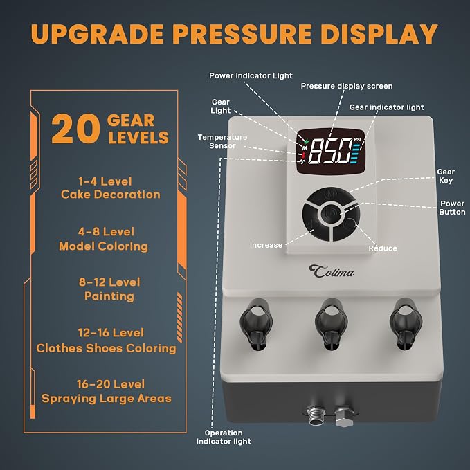 Colima Professional Airbrush Compressor – 85 PSI Compact Quiet Air Compressor with Digital Pressure Control, Dual 1/8" Outlets & Airbrush Holder