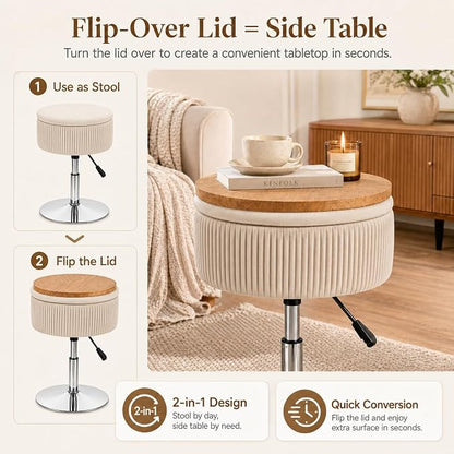 Adjustable Storage Vanity Stool – 360° Swivel White Makeup Chair with Hidden Storage & Velvet Round Ottoman Design