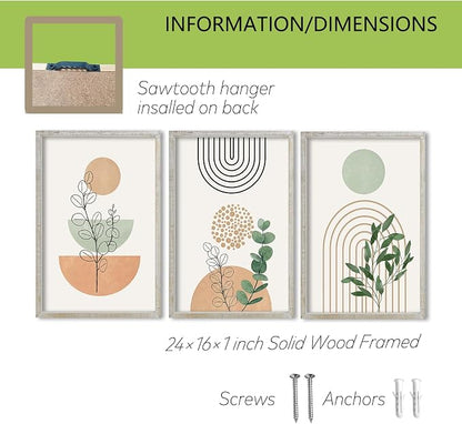 3-Piece Framed Boho Wall Art Set – 24" x 16" Wood Frame Abstract Botanical Geometric Prints, White & Neutral