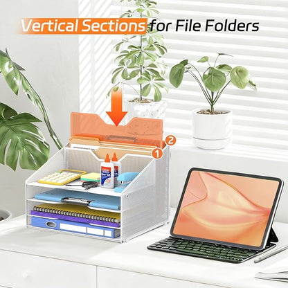 4-Tier Desk Organizer with File Holder – Metal Mesh Desktop Letter Tray with 3 Paper Trays & 2 Vertical File Sections
