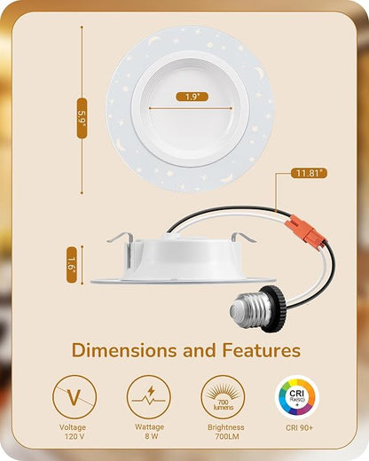 EDISHINE 4-Inch LED Recessed Can Lights with Night Light – 12 Pack, 8W 700LM, 5CCT Selectable, Dimmable Star & Moon Retrofit Downlights