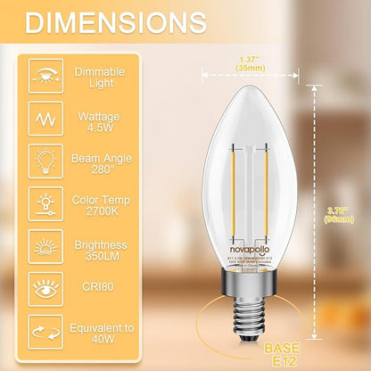 Novapollo B11 E12 LED Candelabra Light Bulbs 12-Pack – 40W Equivalent, 4.5W Dimmable, 2700K Soft White, 350 Lumens