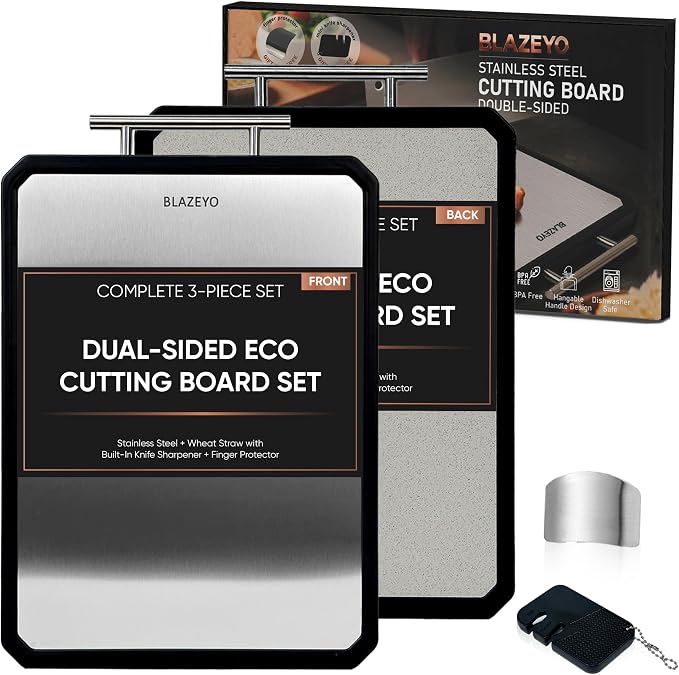 BLAZEYO 16" x 11" Stainless Steel Cutting Board – 2-in-1 Double-Sided Chopping Board with Wheat Straw Surface & Accessories